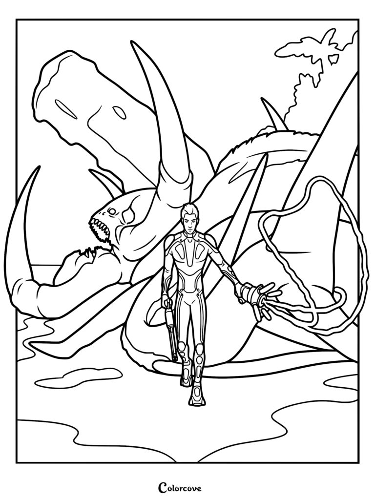 Printable coloring page featuring Ryley Robinson standing in front of a massive Reaper Leviathan with large mandibles in a Subnautica arctic setting.