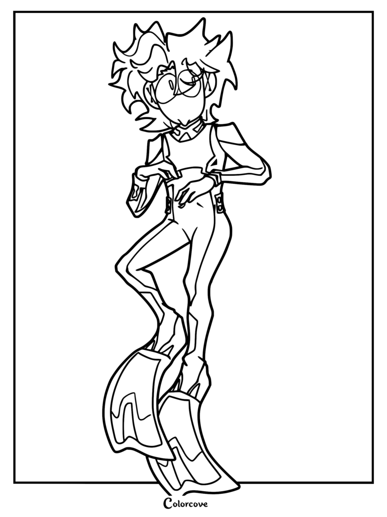 Line art coloring page featuring Ryley Robinson wearing a tight Alterra wetsuit and large swimming fins, portrayed with his signature messy fauxhawk hairstyle.