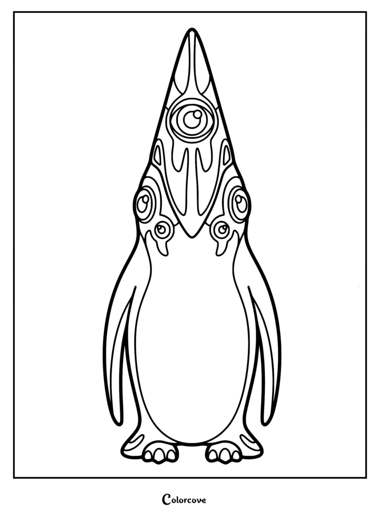 A detailed coloring page featuring a Penwing standing upright, highlighting its fluffy body shape, tuxedo-like pattern, and small webbed feet.