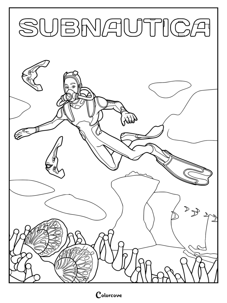 Ryley Robinson swimming underwater in full dive gear with flippers, surrounded by Peepers and alien coral formations, in a clean line art coloring page style.