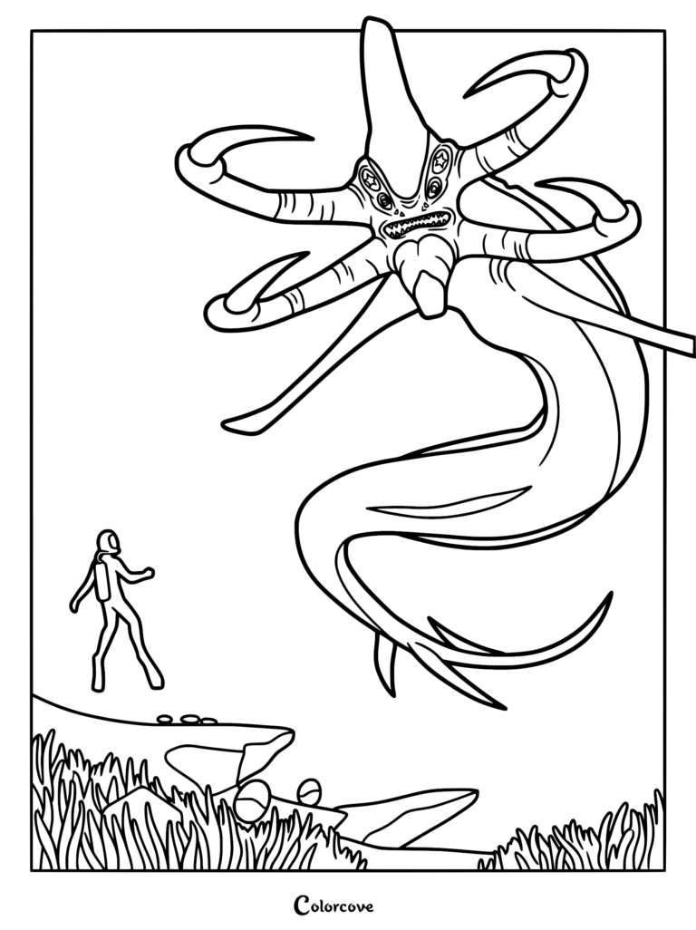 A printable Subnautica coloring page showing Ryley Robinson in a diving suit standing on an ocean floor reef, gazing up at a massive, serpentine Reaper Leviathan with large, terrifying mandibles.