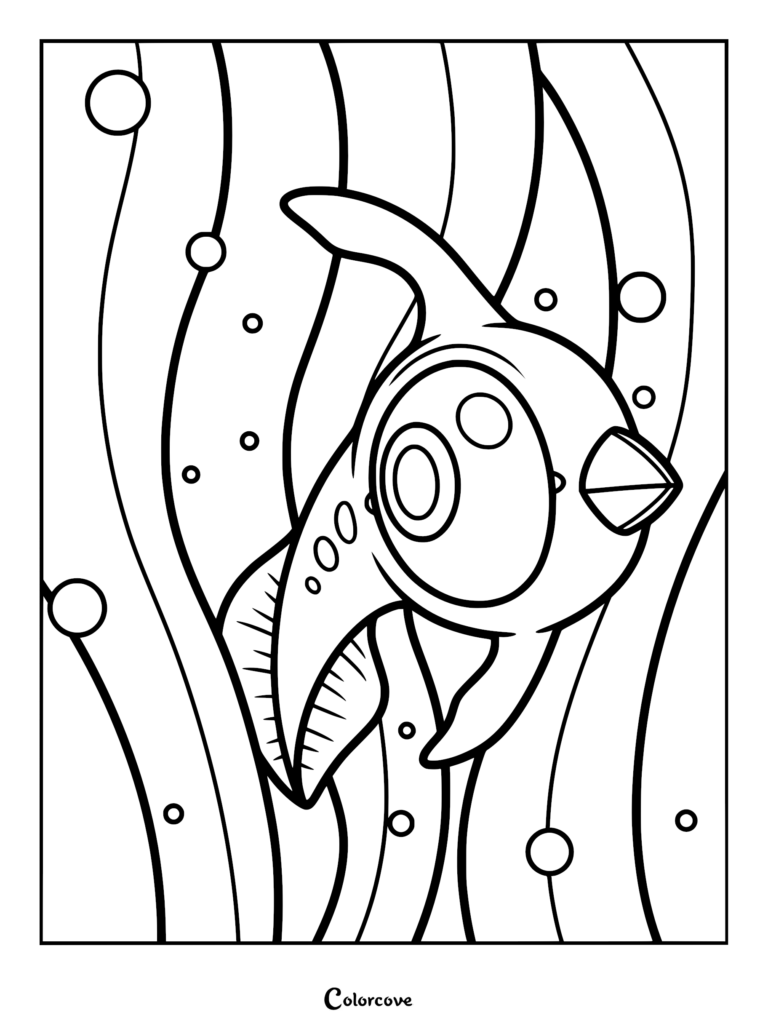 A printable Subnautica coloring page featuring a Peeper fish with its signature large eye and yellow beak, swimming among curved seaweed and scattered bubbles.