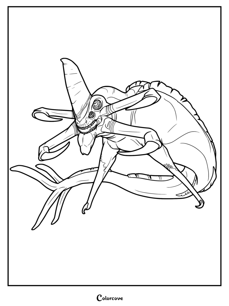 Detailed line art coloring page featuring the serpentine Reaper Leviathan with its iconic four crab-like mandibles and long, sinuous body.