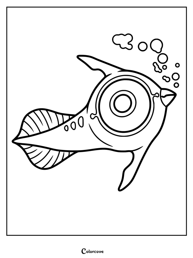 Black and white line art coloring page featuring a Peeper fish from Subnautica with large eyes, a yellow-beak-like mouth, and rising bubbles.