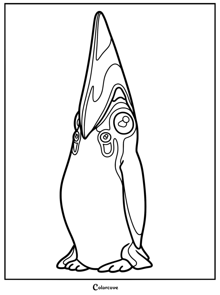 Black and white line art coloring page of a Penwing from Subnautica: Below Zero, showing the flightless arctic bird with its rounded fluffy body, tuxedo markings, and large beak.