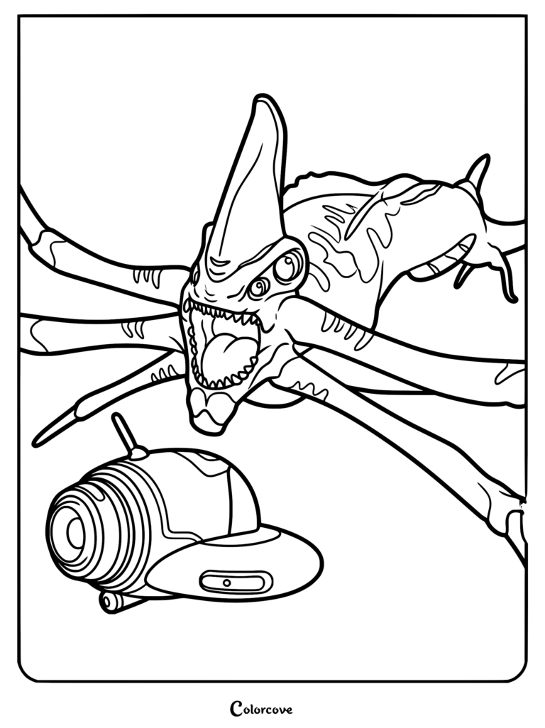 Detailed line art coloring page featuring a menacing Subnautica Reaper Leviathan with its crab-like mandibles open, looming over a Seamoth submersible.