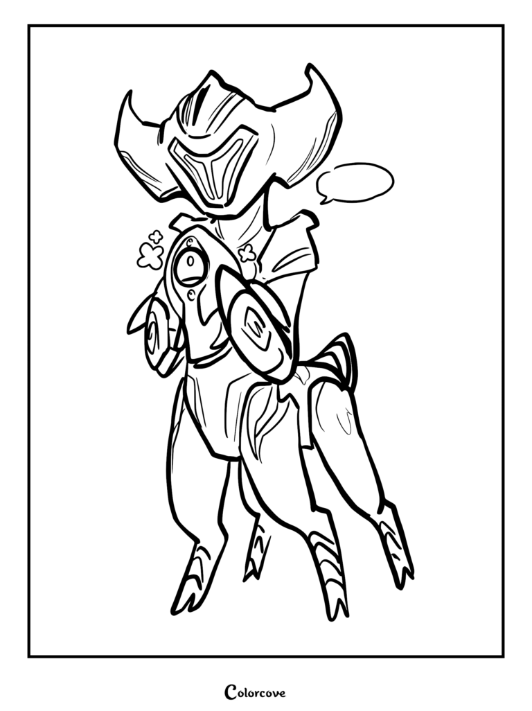 A printable Subnautica coloring page featuring the Architect entity AL-AN standing in a heroic pose, complete with his geometric armor and a speech bubble.