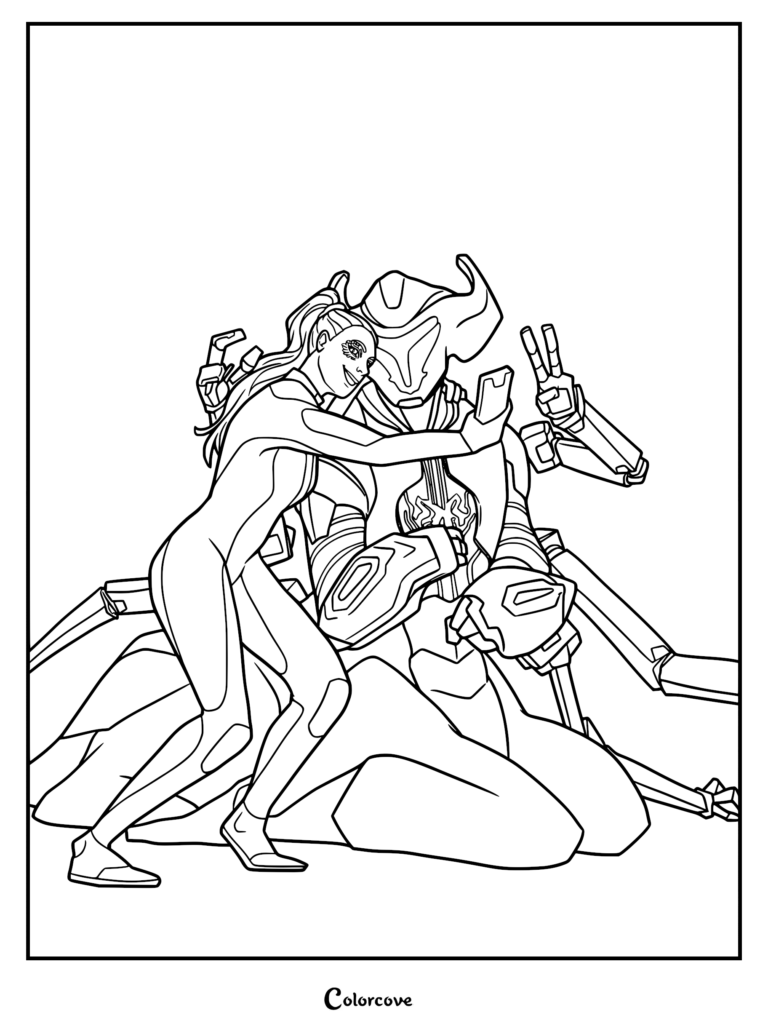 A detailed line art coloring page featuring Robin Ayou taking a playful selfie with the Architect entity AL-AN, showcasing their distinct shapes and styles.