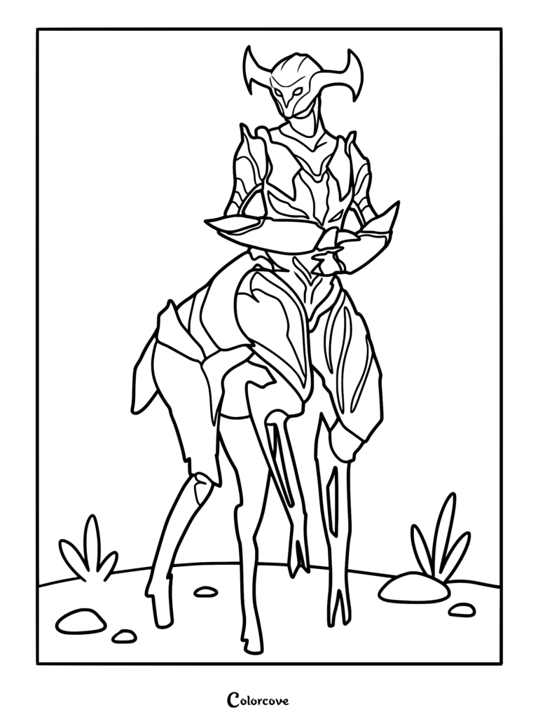 A detailed line art coloring page of the Architect entity AL-AN standing with arms crossed, featuring his intricate geometric alien body design and curved headpiece.