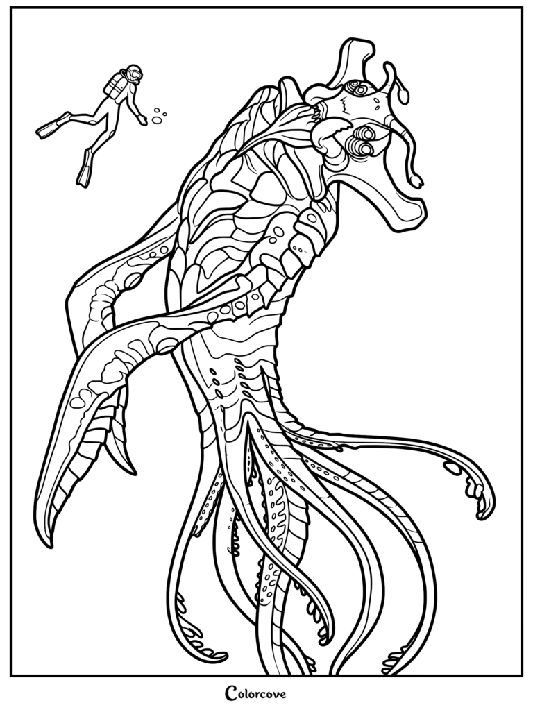 A detailed line art coloring page of the massive, tentacled Sea Emperor swimming near a small human diver in deep water.