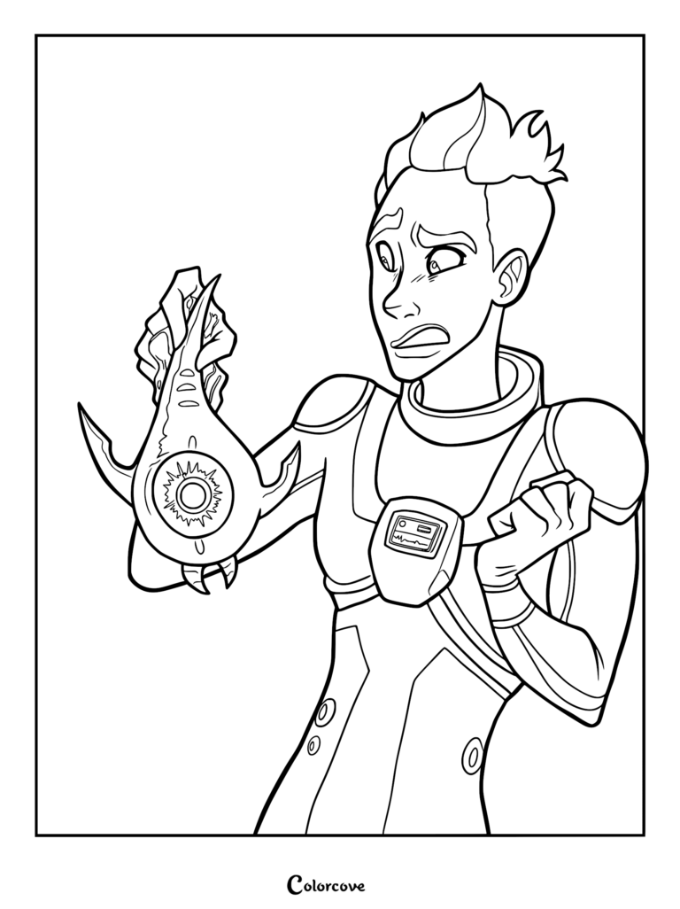 Subnautica coloring page featuring Ryley Robinson in his Alterra gear, holding a small Peeper fish in his hand with a surprised facial expression.
