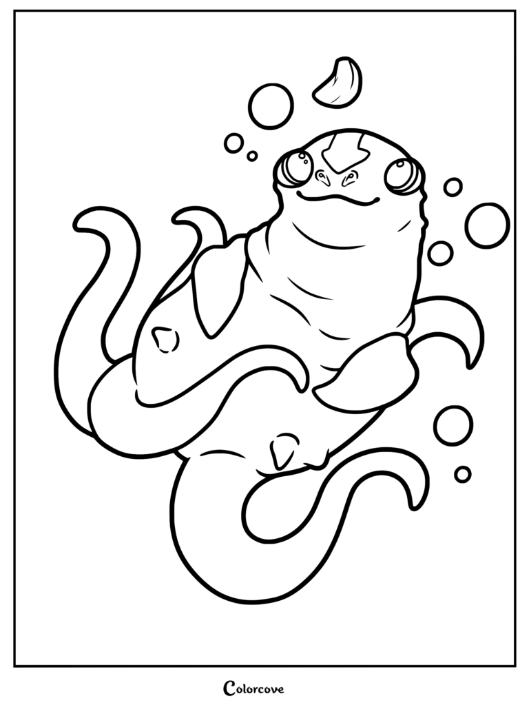A printable line art coloring page featuring a small, cheerful Subnautica Hoverfish with large round eyes and flowing tentacles, surrounded by floating air bubbles.