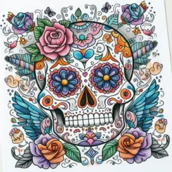 Colorful Day of the Dead skull coloring page with floral and intricate designs, roses, and butterflies.