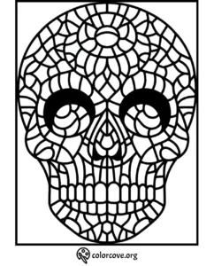 Skull coloring page with intricate mosaic pattern for adult coloring enthusiasts. Perfect for relaxation and creativity.