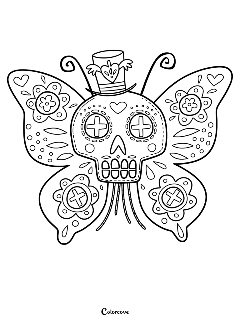 A sugar skull butterfly coloring page featuring a skull with cross-shaped eyes wearing a top hat with heart wings, surrounded by floral wing patterns.