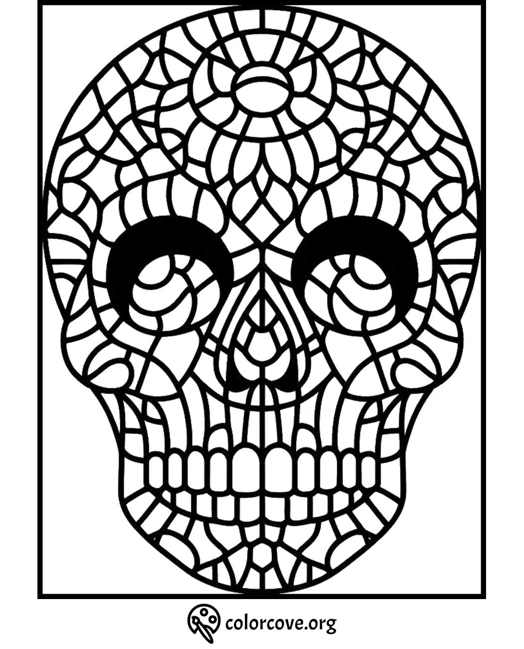 Skull coloring page with intricate mosaic pattern for adult coloring enthusiasts. Perfect for relaxation and creativity.