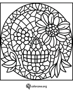 Day of the Dead sugar skull coloring page featuring intricate floral and geometric patterns for fun and relaxation.