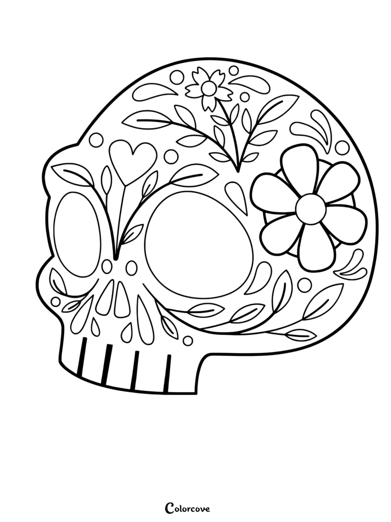 A side profile sugar skull coloring page featuring intricate flower, leaf, and heart patterns.