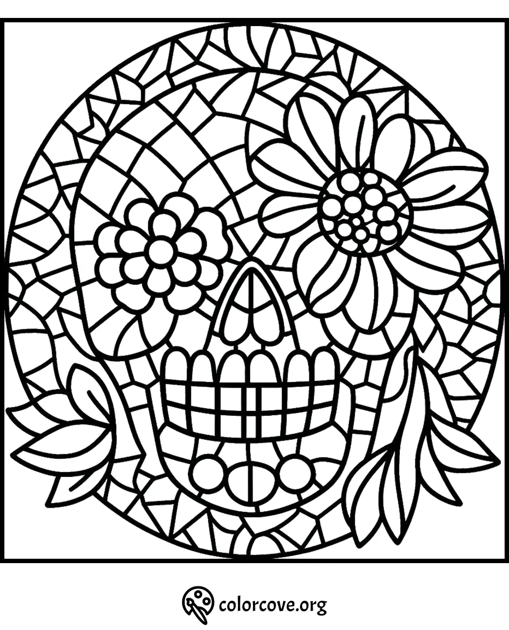 Day of the Dead sugar skull coloring page featuring intricate floral and geometric patterns for fun and relaxation.