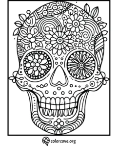 Coloring page featuring an intricate sugar skull design adorned with floral patterns and decorative elements.