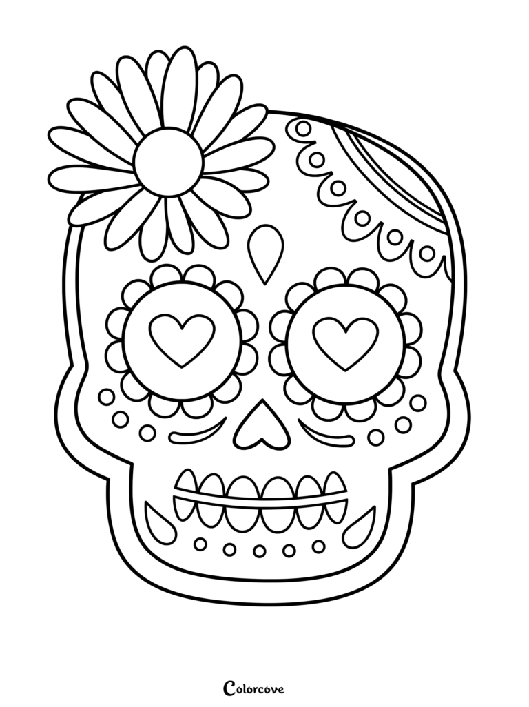 Sugar skull decorated with heart eyes and a large flower.