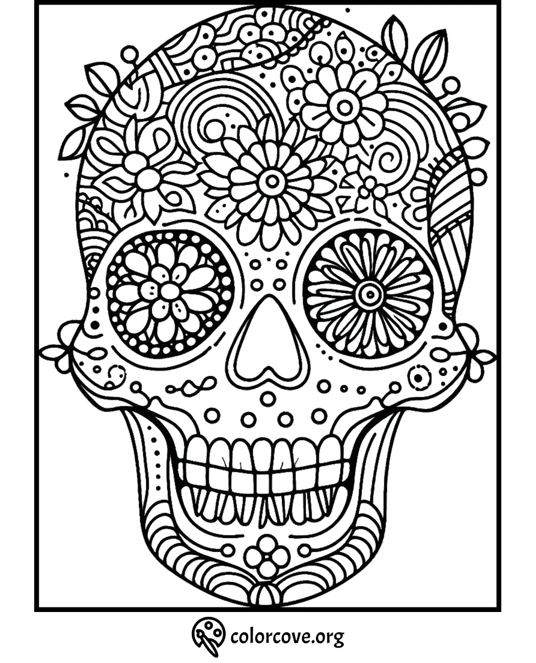 Coloring page featuring an intricate sugar skull design adorned with floral patterns and decorative elements.