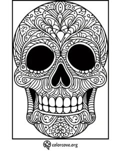 Intricate skull coloring page with detailed patterns and floral designs for creative and therapeutic coloring activities.