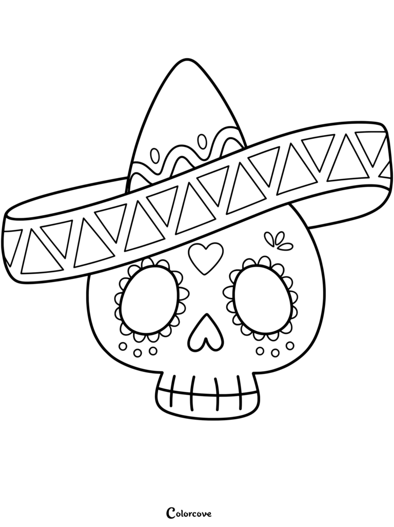 A simple sugar skull coloring page featuring a decorative sombrero with geometric patterns and heart-shaped eye sockets.
