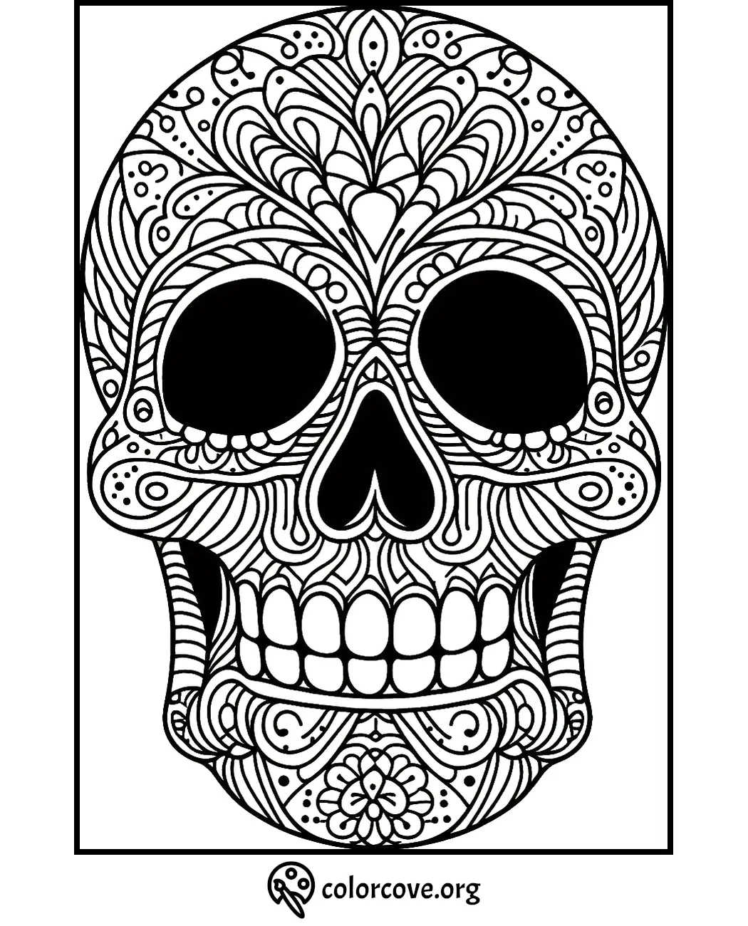 Intricate skull coloring page with detailed patterns and floral designs for creative and therapeutic coloring activities.