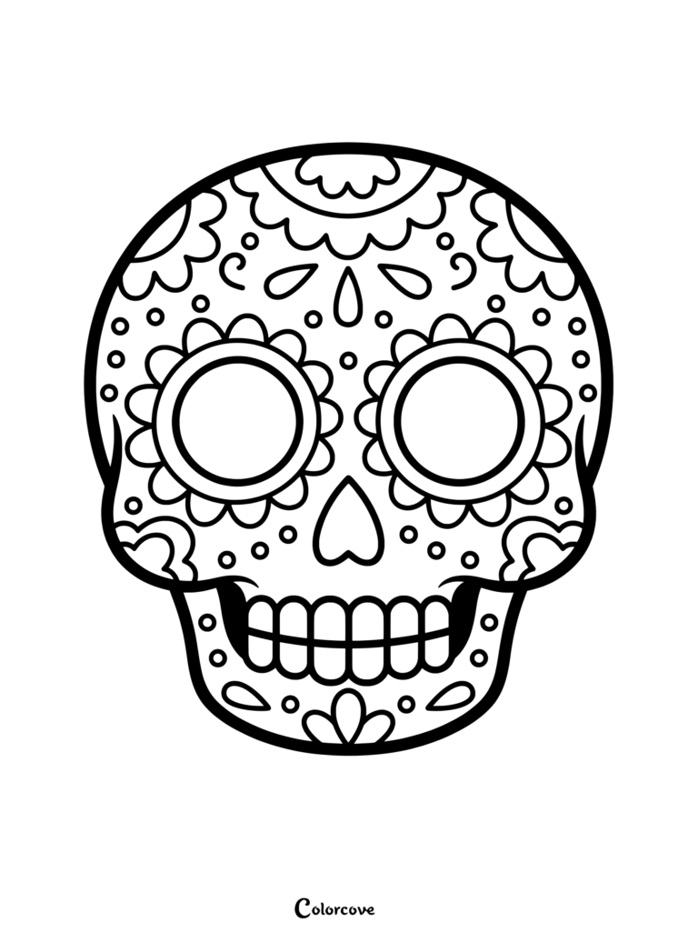 A black and white sugar skull coloring page featuring flower eye sockets and intricate petal patterns.