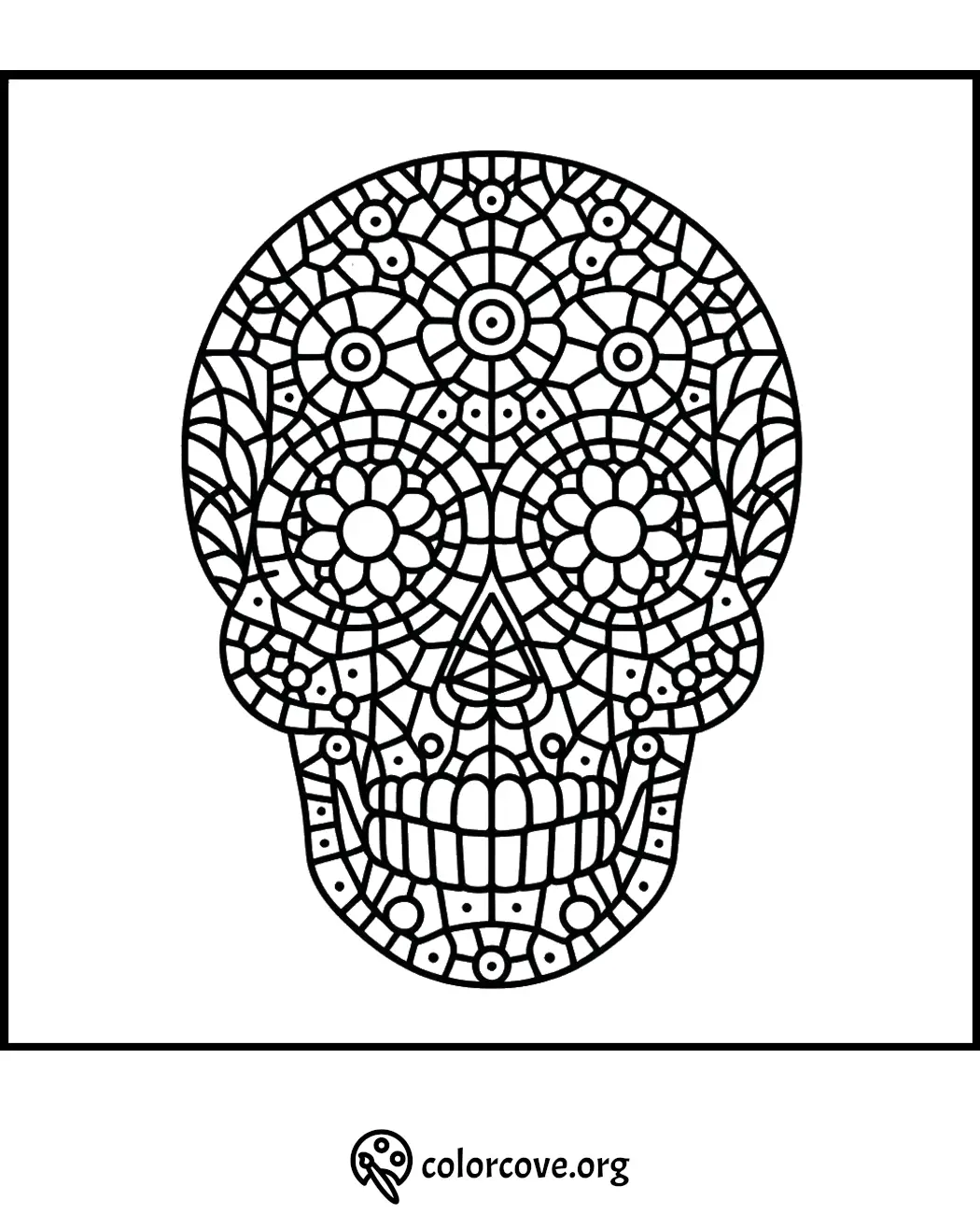 Intricate sugar skull coloring page with floral and geometric patterns for Día de los Muertos. Free to print and color.