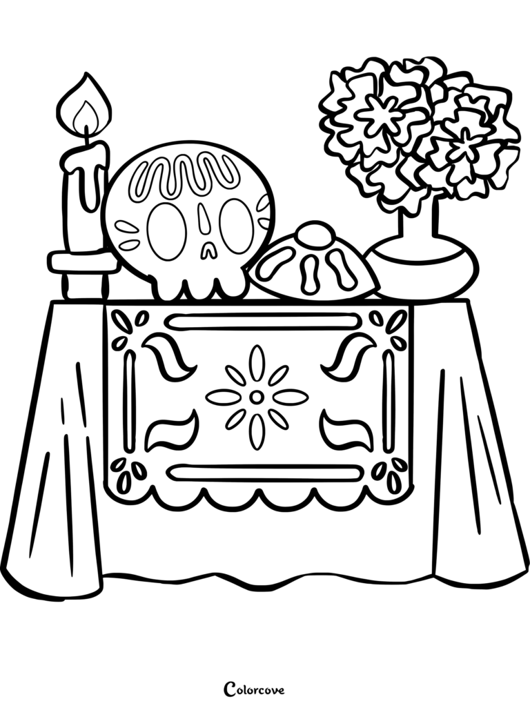 A Dia de los Muertos ofrenda coloring page featuring a sugar skull, a lit candle, pan de muerto, and marigolds on a decorated table.