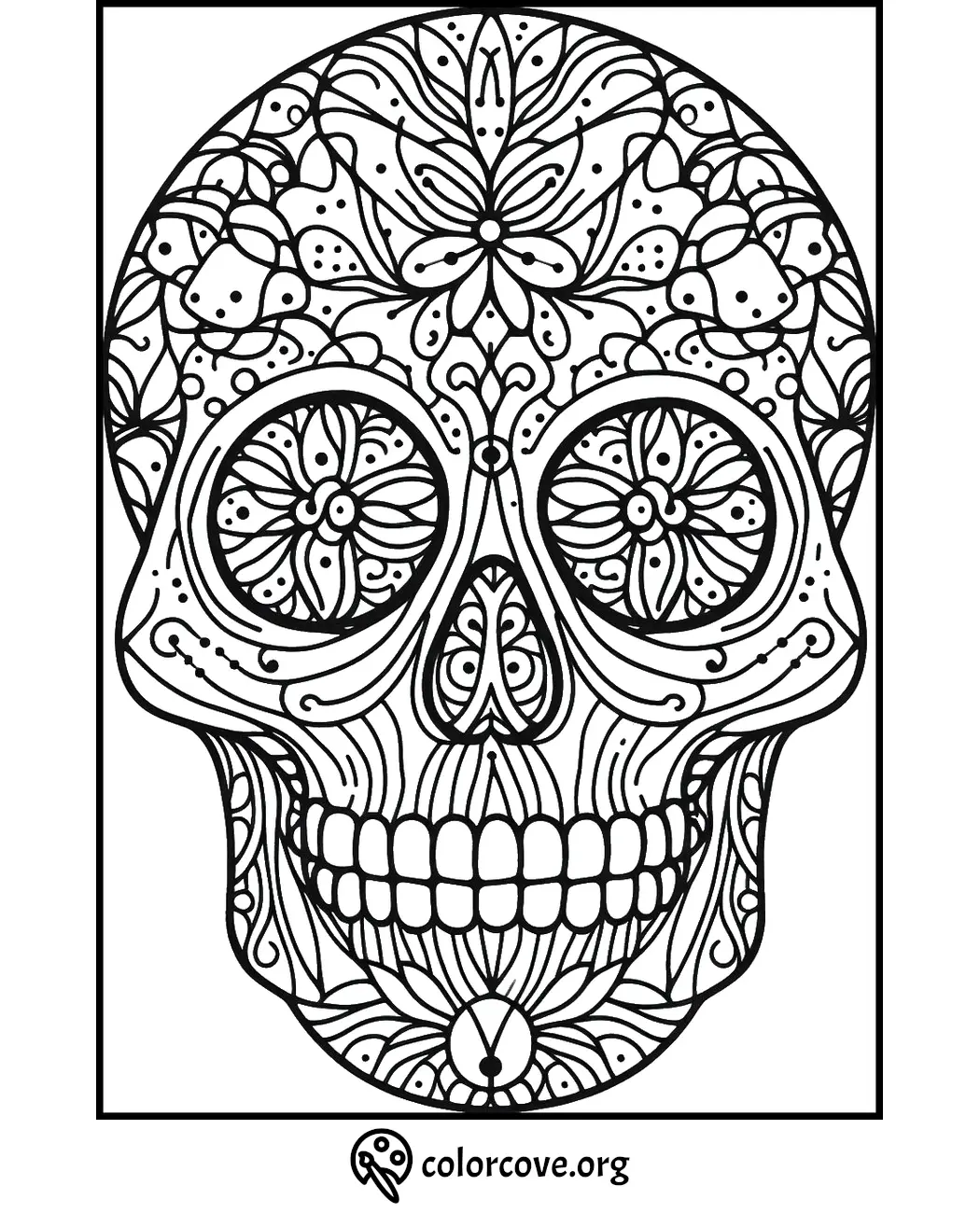 Day of the Dead sugar skull coloring page with intricate floral patterns. Coloring activity for adults and kids.