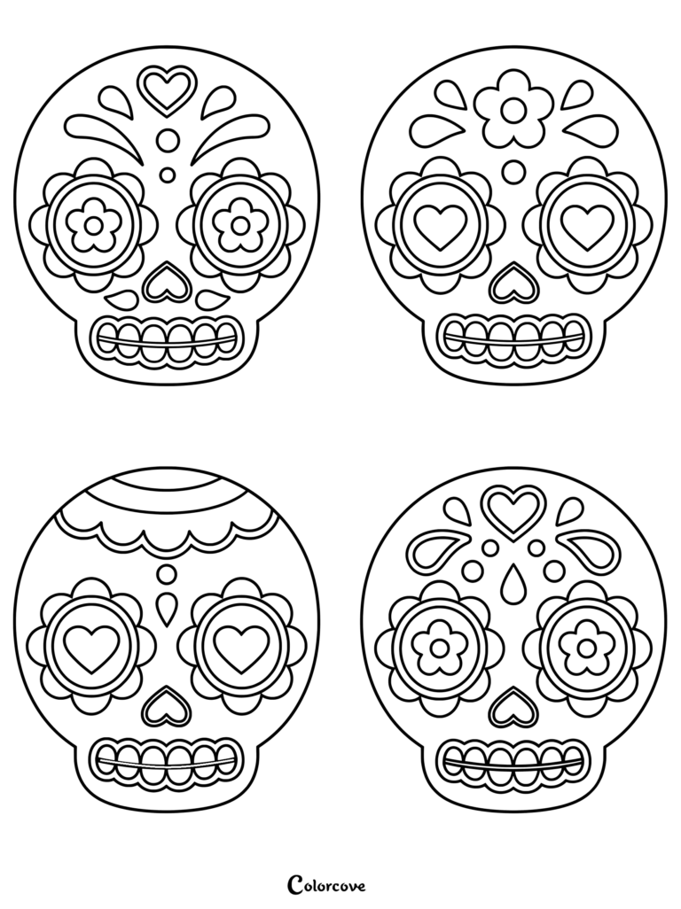Four distinct sugar skull designs featuring floral eye sockets, heart motifs, and decorative teeth on a printable coloring page.