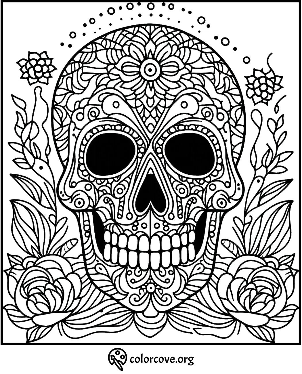 Intricate sugar skull coloring page with floral designs and mandala patterns, perfect for Dia de los Muertos activities.