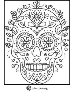 Intricate Day of the Dead sugar skull coloring page with floral patterns, ideal for creative adults and kids.