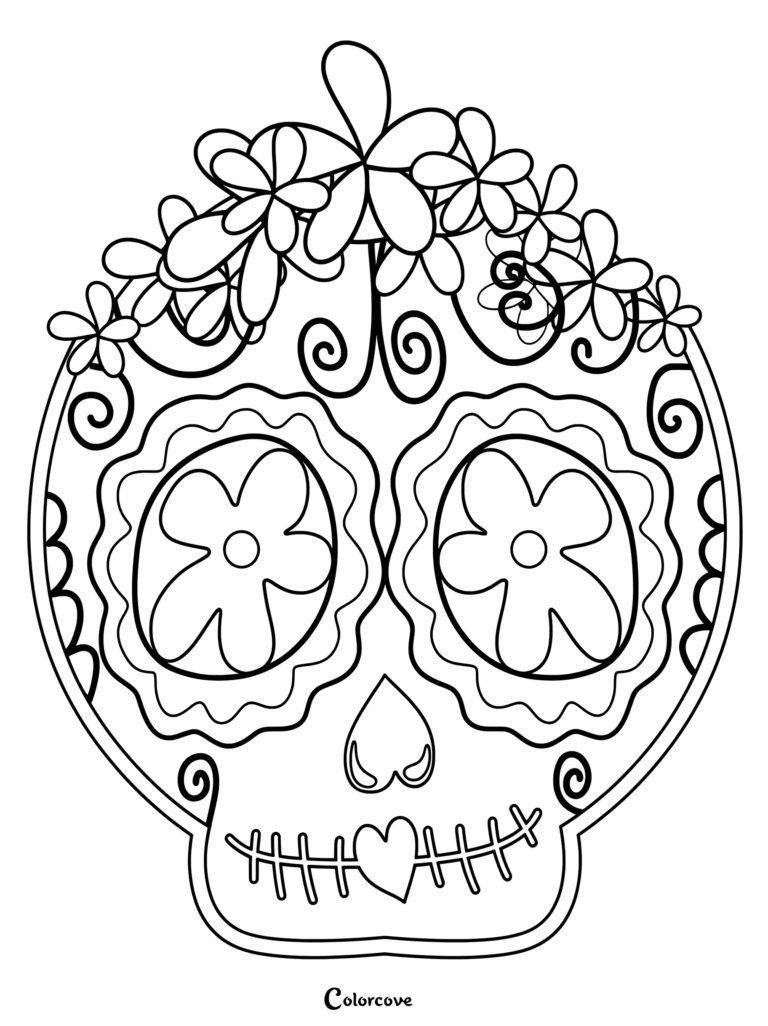 A black and white sugar skull coloring page featuring flower eye sockets, a heart-shaped nose, and a crown of blossoms.