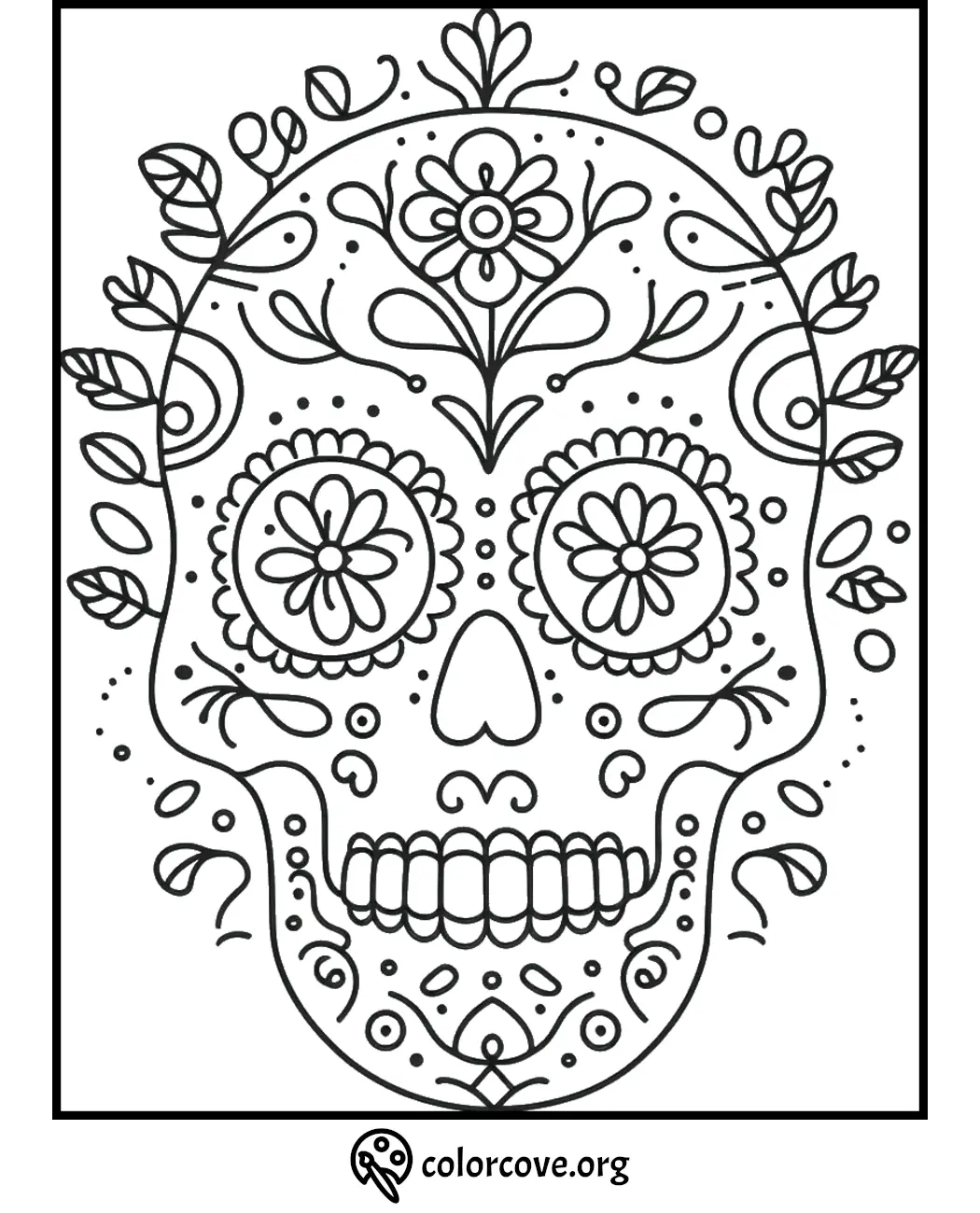 Intricate Day of the Dead sugar skull coloring page with floral patterns, ideal for creative adults and kids.