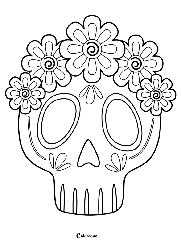 A simple sugar skull coloring page featuring a crown of five large flowers with spiral centers.