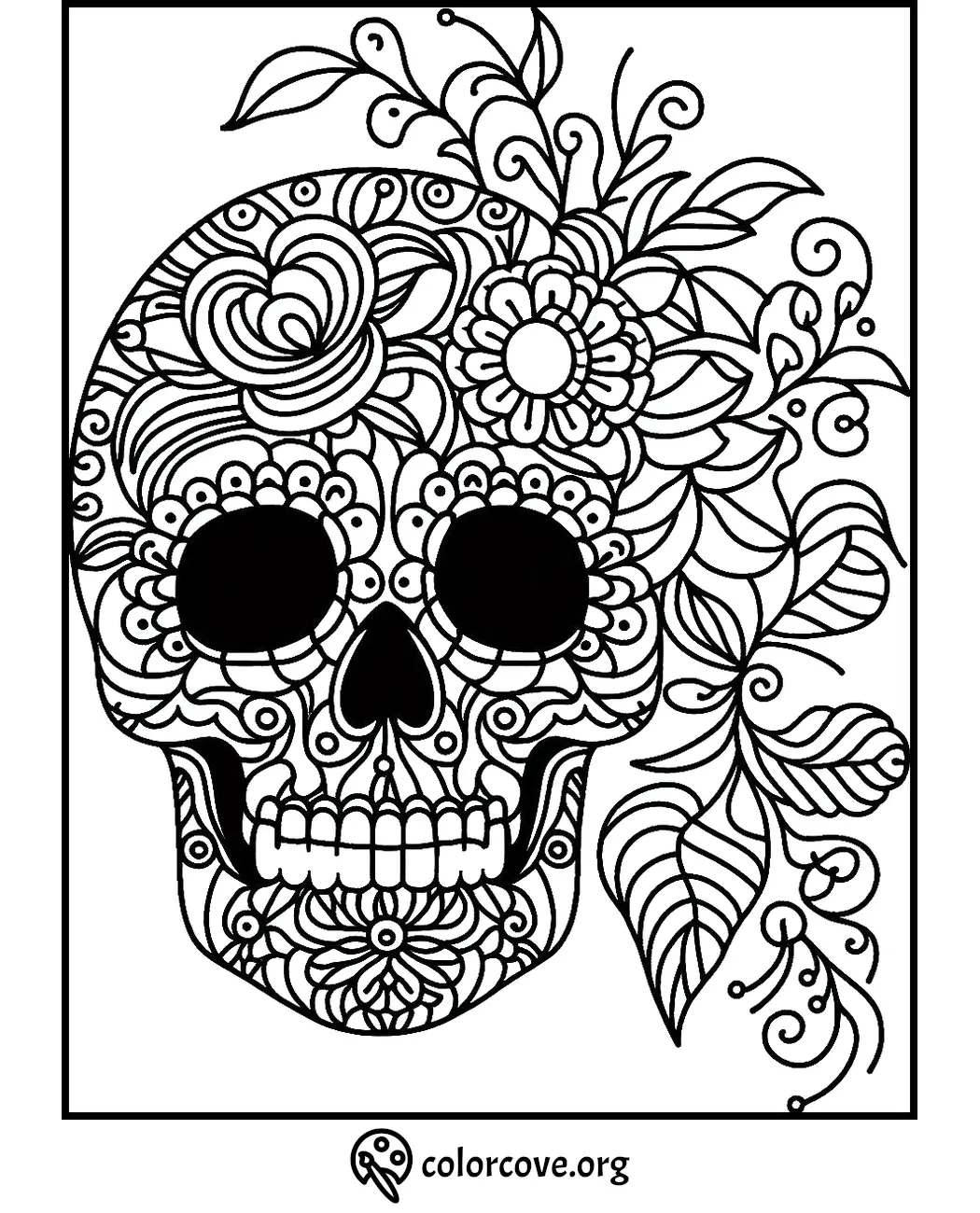 Ornate skull coloring page with floral and leaf patterns, suitable for adult coloring enthusiasts.