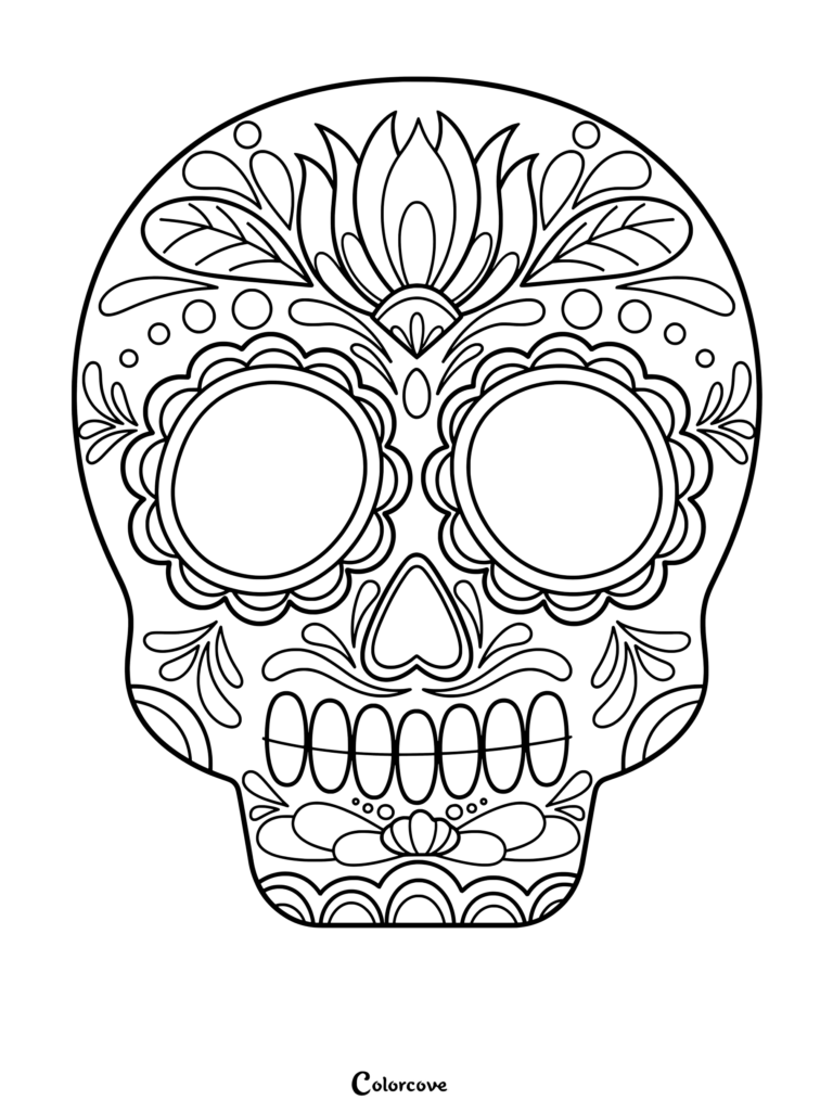 A detailed sugar skull coloring page featuring a large central lotus flower, scalloped eye sockets, and intricate leaf patterns.
