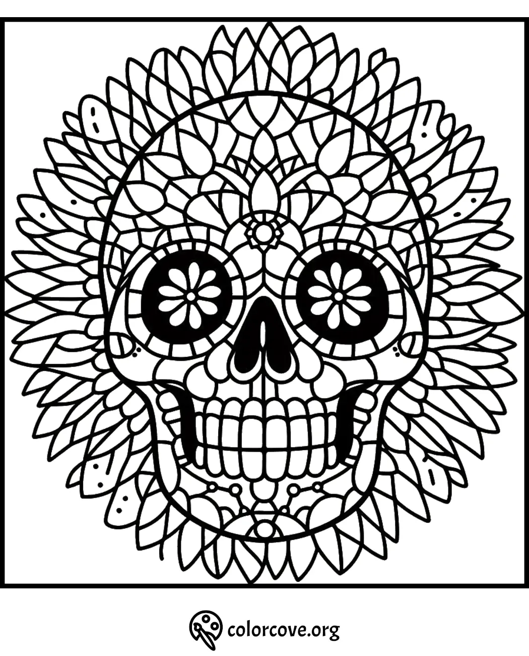 Intricate mandala skull coloring page with floral designs for adults. Printable from colorcove.org.