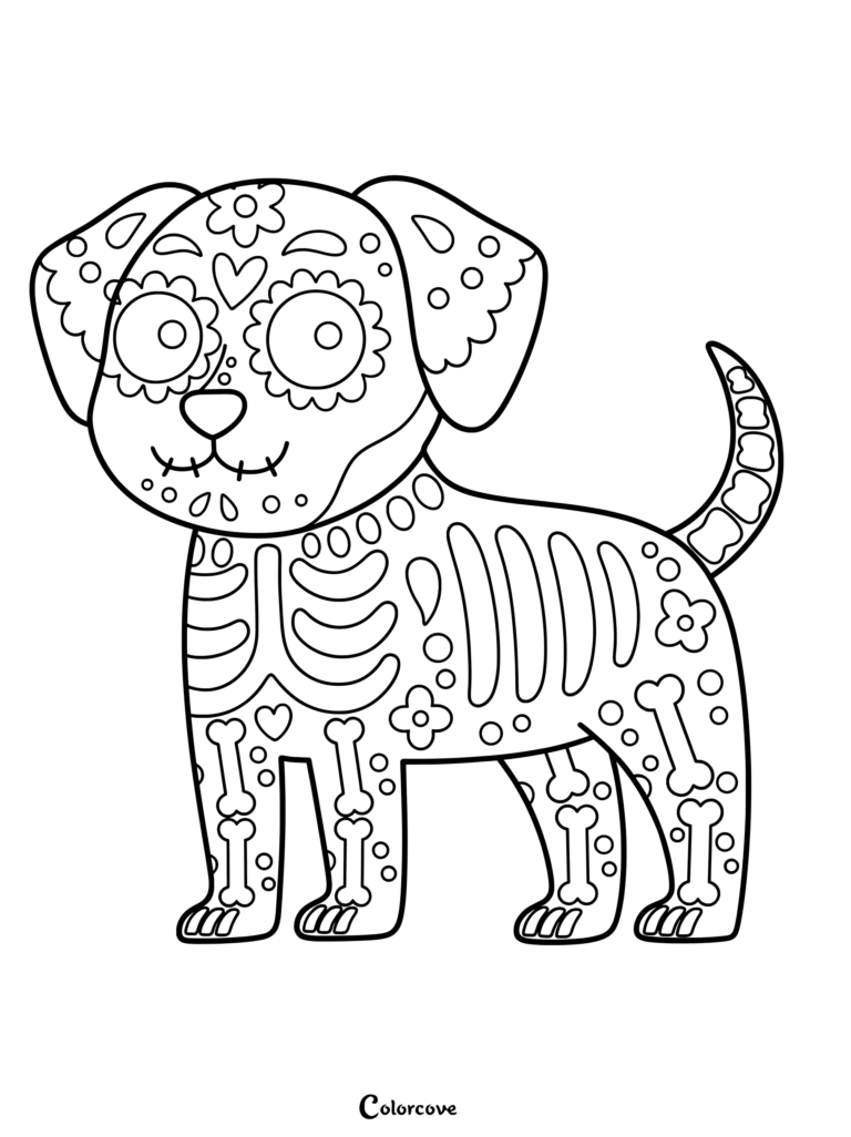 A cute puppy with sugar skull face paint and bone patterns on its body in this printable coloring page.