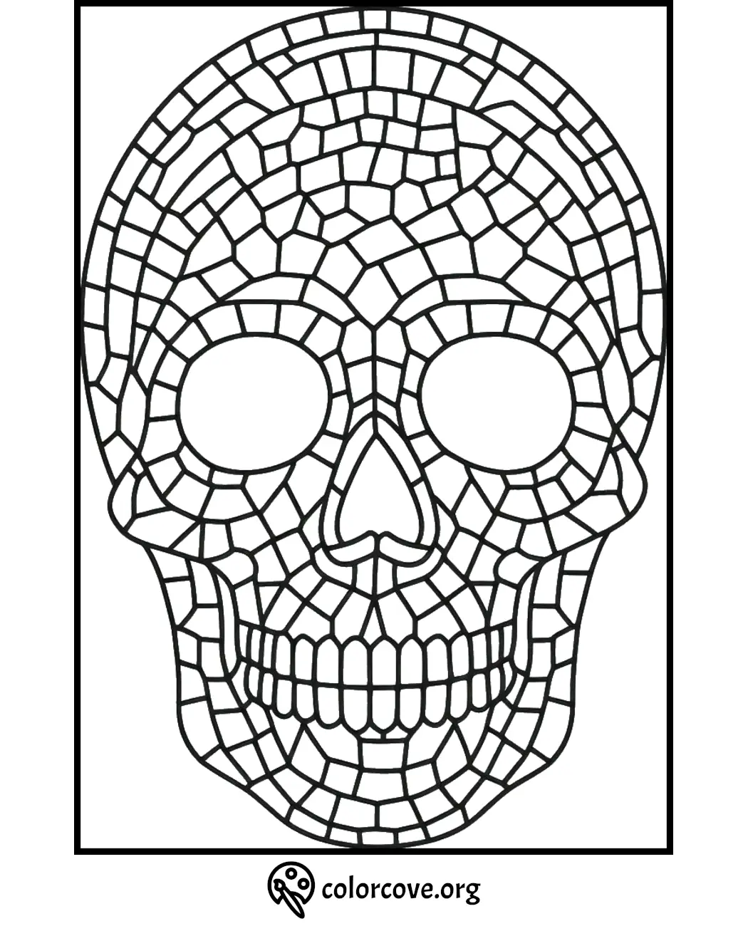 Stained glass skull coloring page for adults, free printable design by colorcove.org for stress relief and creativity.