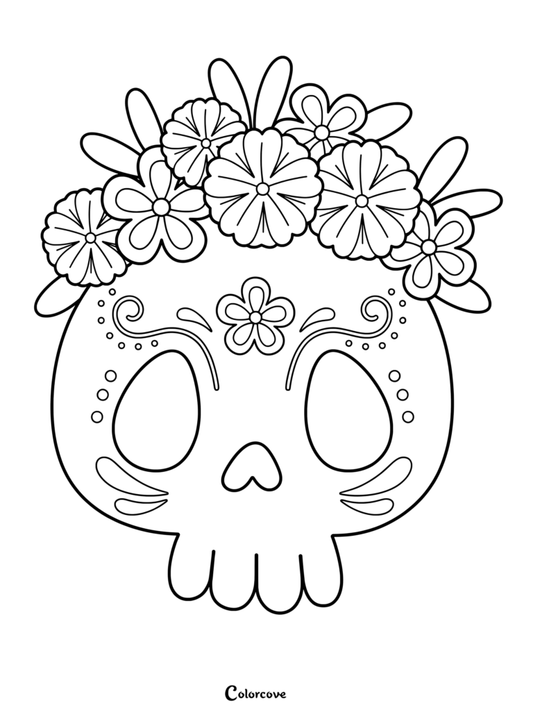 A black and white line art coloring page featuring a sugar skull adorned with a large crown of blooming flowers and intricate facial scrollwork.