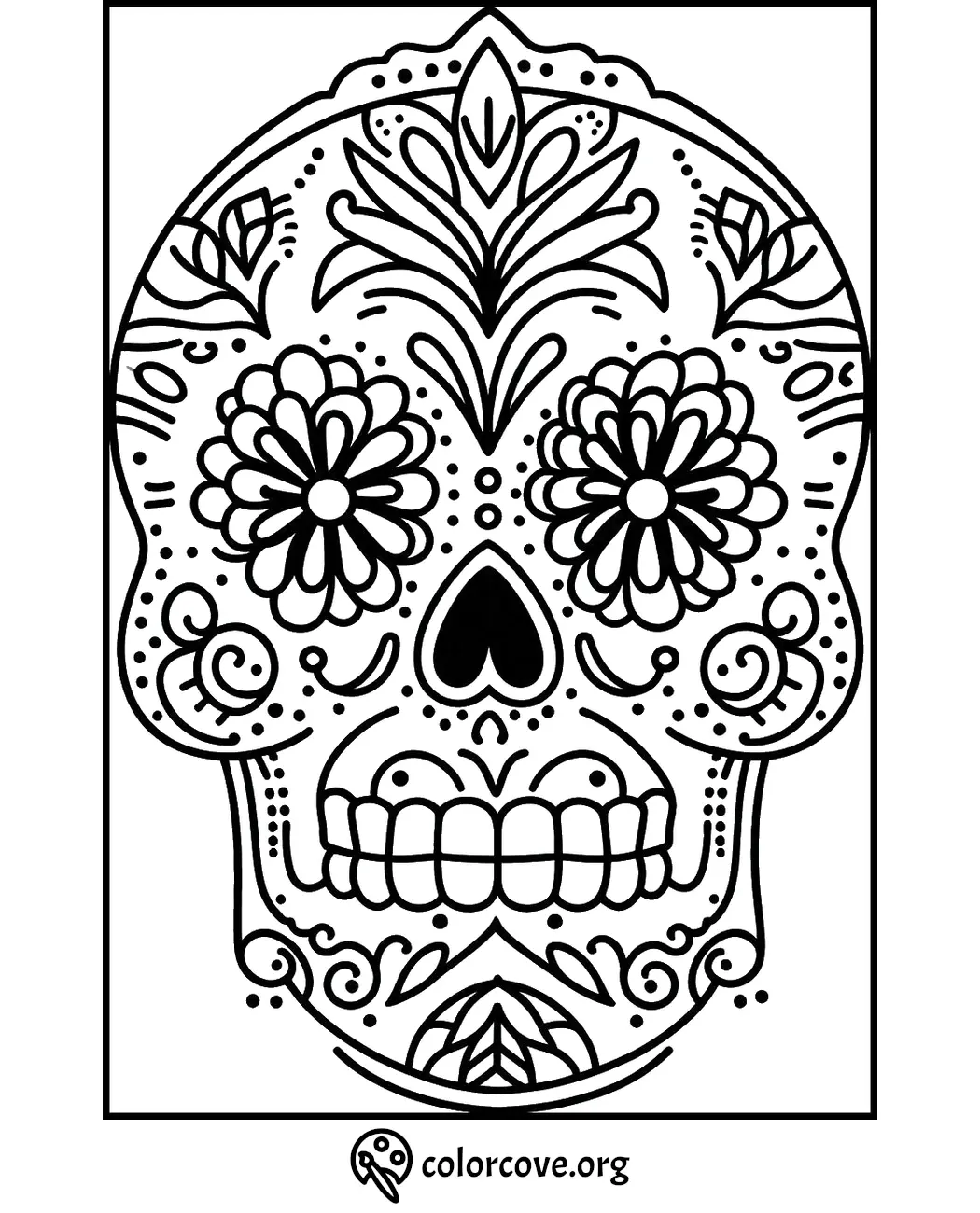 Day of the Dead sugar skull coloring page with intricate floral patterns and decorative designs for kids and adults.