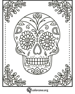 Day of the Dead sugar skull coloring page with intricate floral designs, perfect for kids and adults to celebrate.