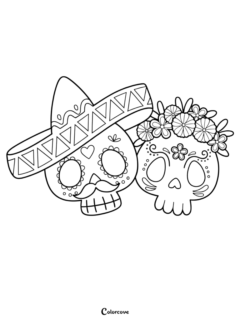 A sugar skull couple coloring page featuring a male skull in a sombrero and a female skull wearing a flower crown.