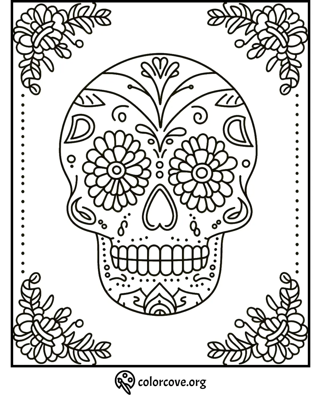 Day of the Dead sugar skull coloring page with intricate floral designs, perfect for kids and adults to celebrate.