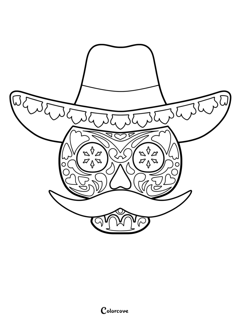 Sugar skull coloring page featuring a wide-brimmed sombrero, intricate floral eye patterns, and a prominent handlebar mustache.